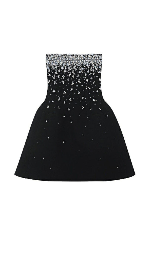 CRYSTAL BEADING STRAPLESS MINI DRESS IN BLACK