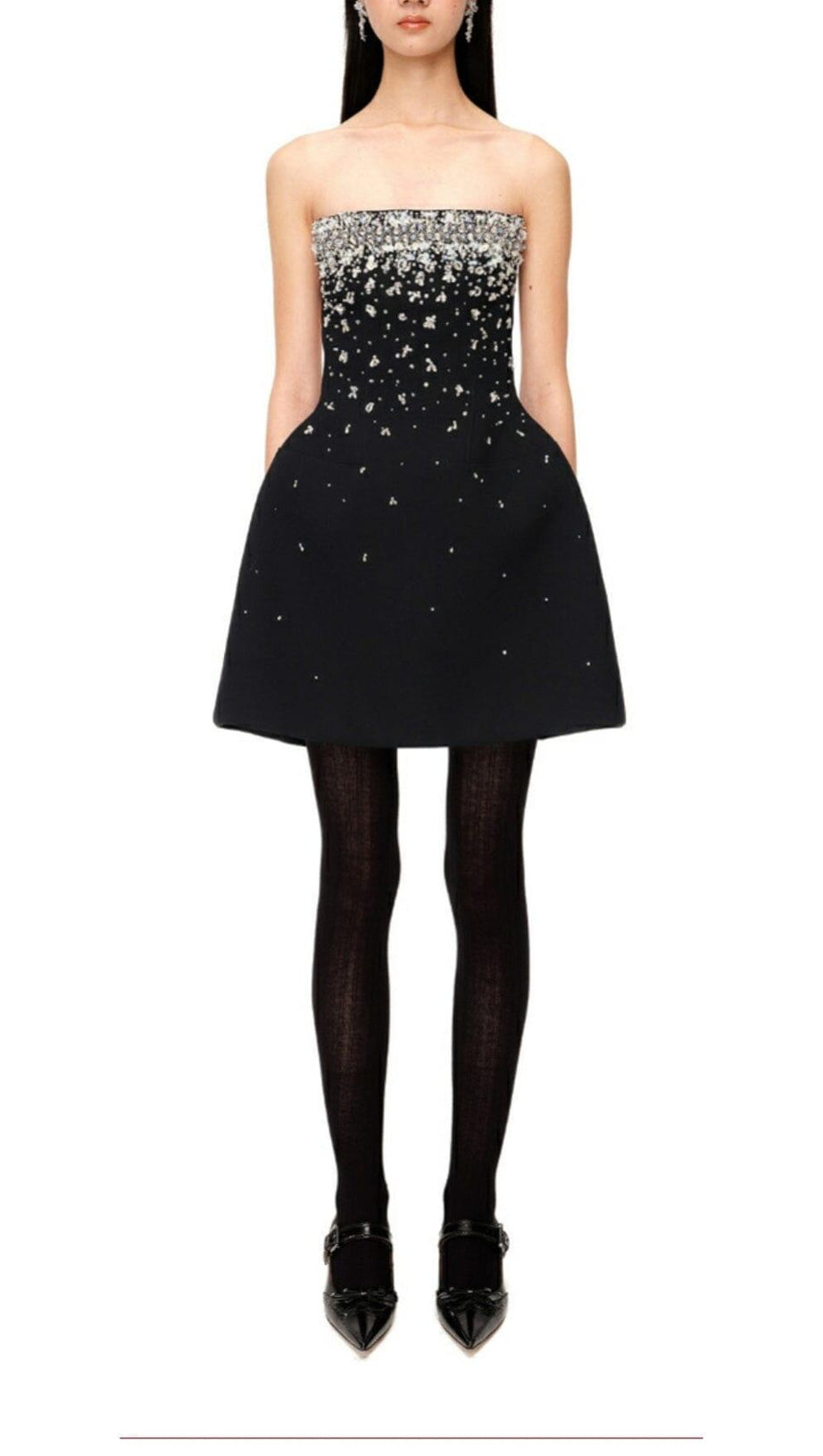 CRYSTAL BEADING STRAPLESS MINI DRESS IN BLACK