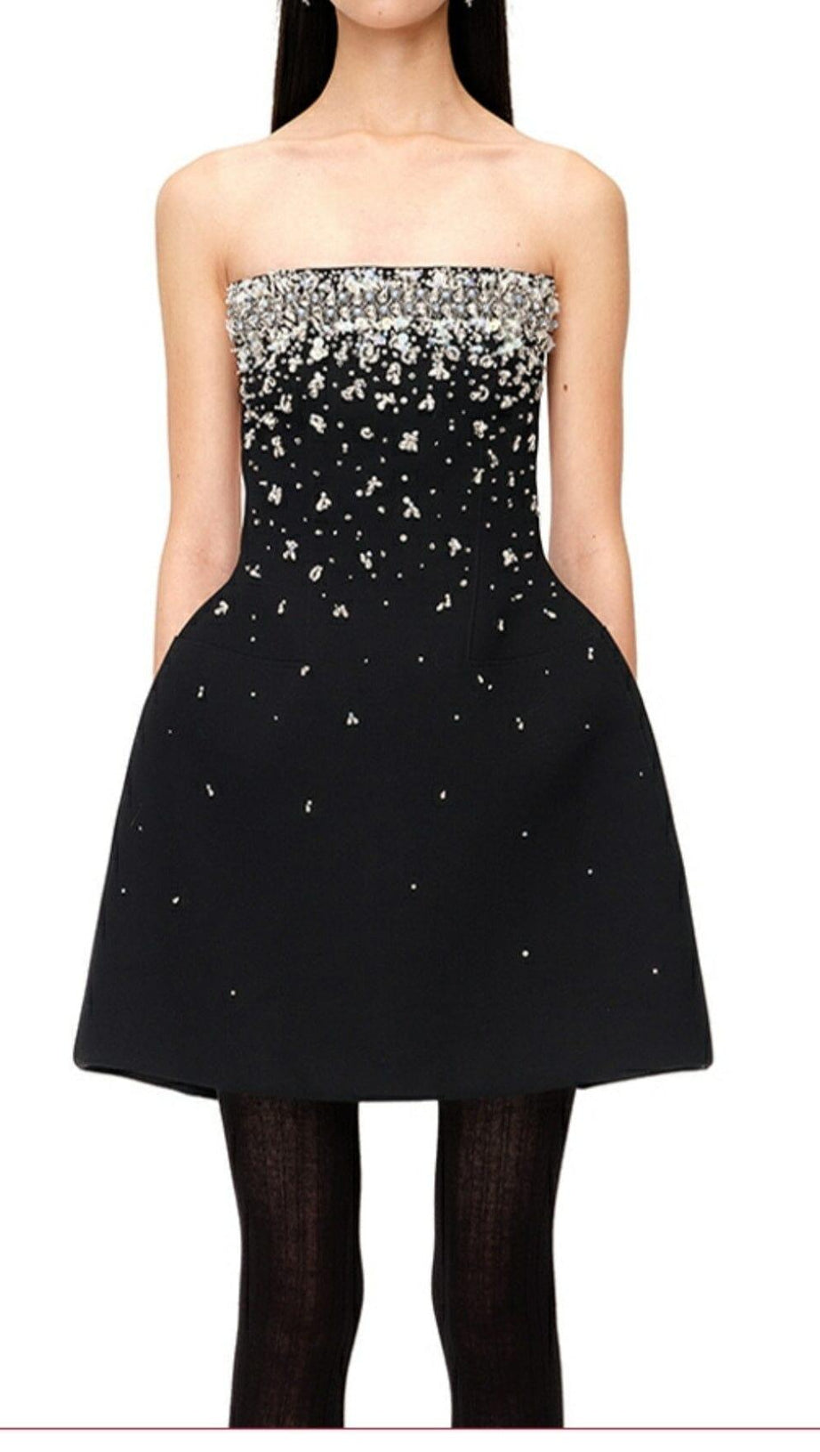 CRYSTAL BEADING STRAPLESS MINI DRESS IN BLACK