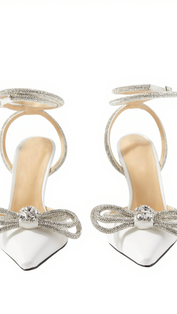 AIIZIE LAILA BOW CRYSTAL SATIN HEELS IN WHITE - product image