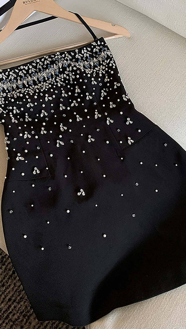 AIIZIE CRYSTAL BEADING STRAPLESS MINI DRESS IN BLACK - product image