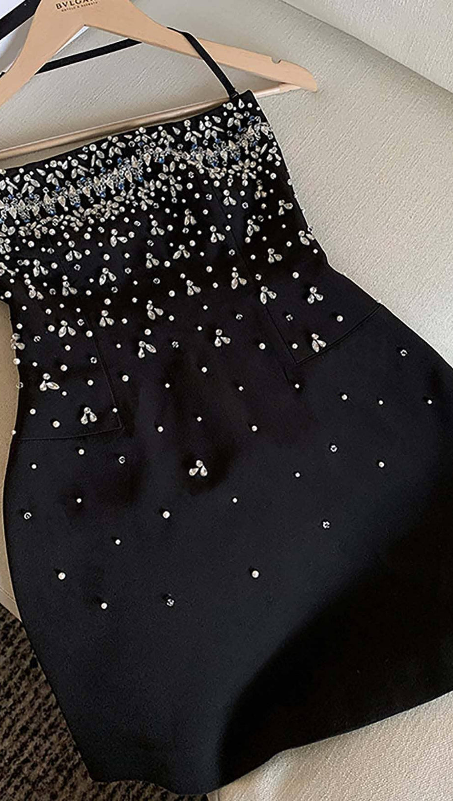 CRYSTAL BEADING STRAPLESS MINI DRESS IN BLACK