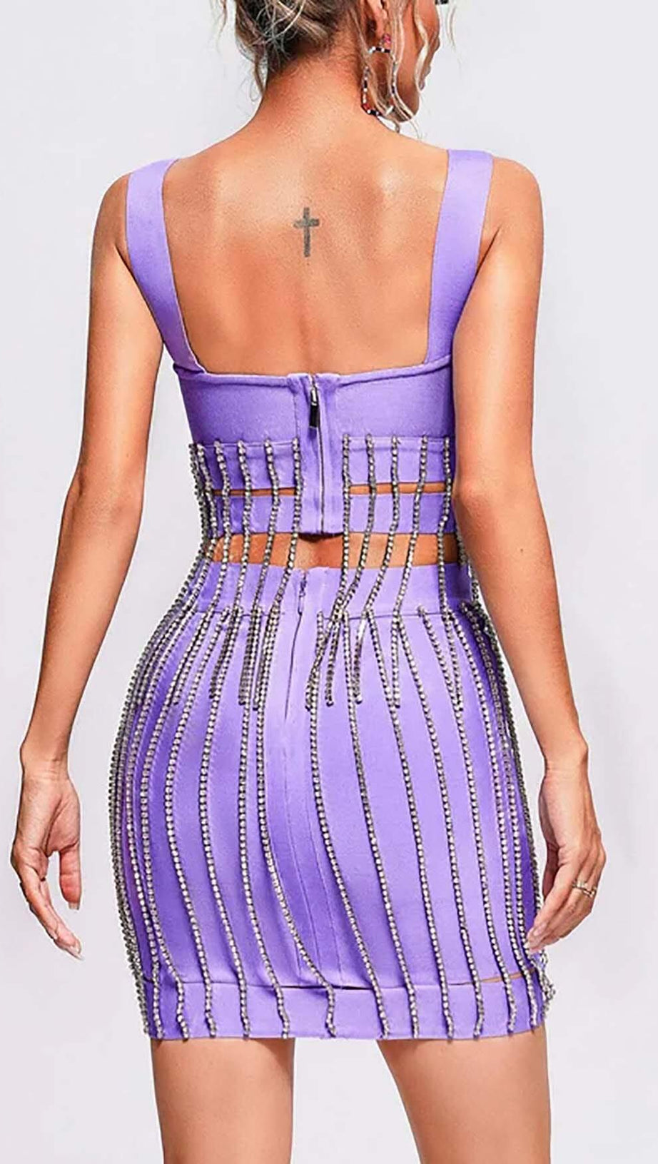 CRYSTAL TASSEL BANDAGE MINI DRESS IN PURPLE
