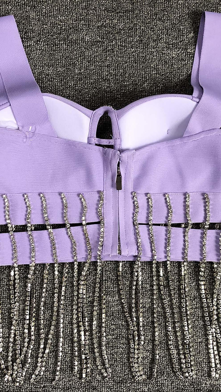 CRYSTAL TASSEL BANDAGE MINI DRESS IN PURPLE
