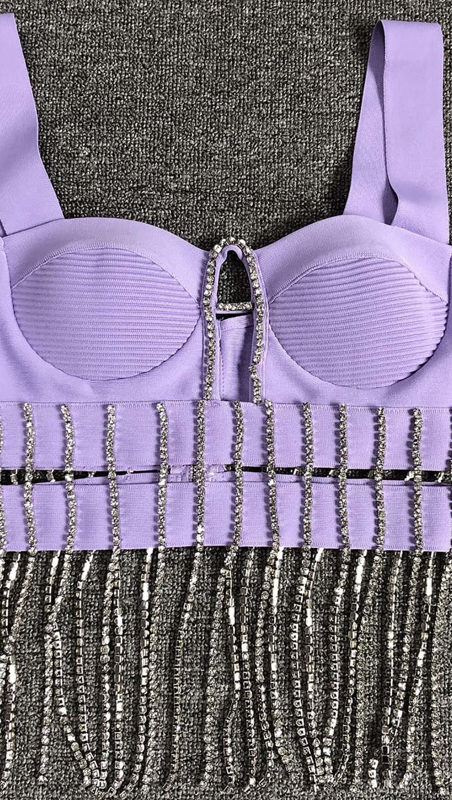 CRYSTAL TASSEL BANDAGE MINI DRESS IN PURPLE