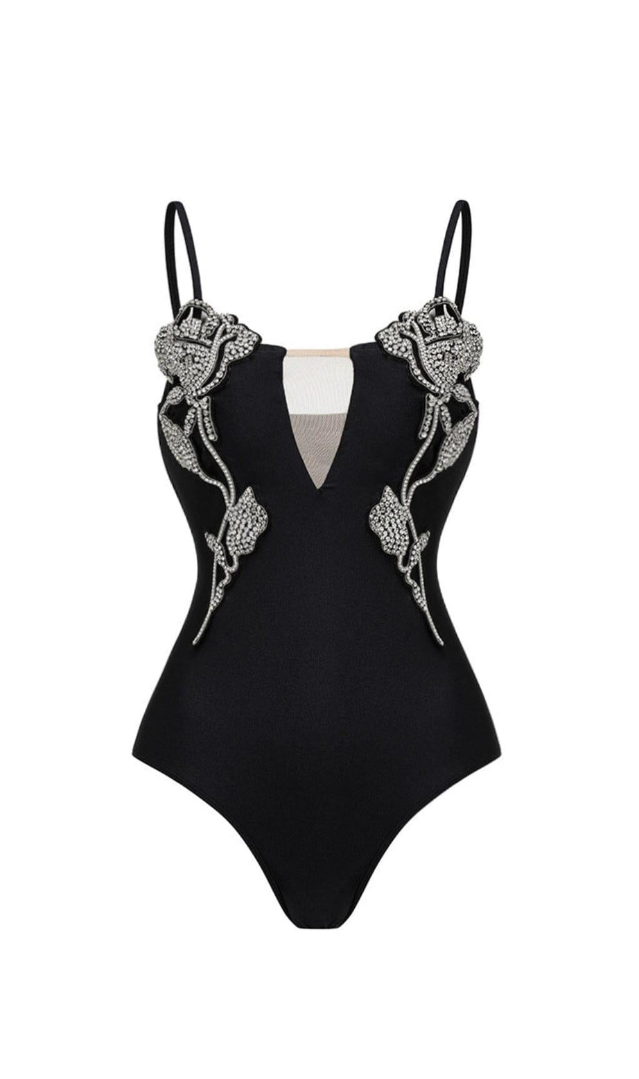 COSTUME DA BAGNO INTERO CON DECORAZIONI FLOREALI E STRASS