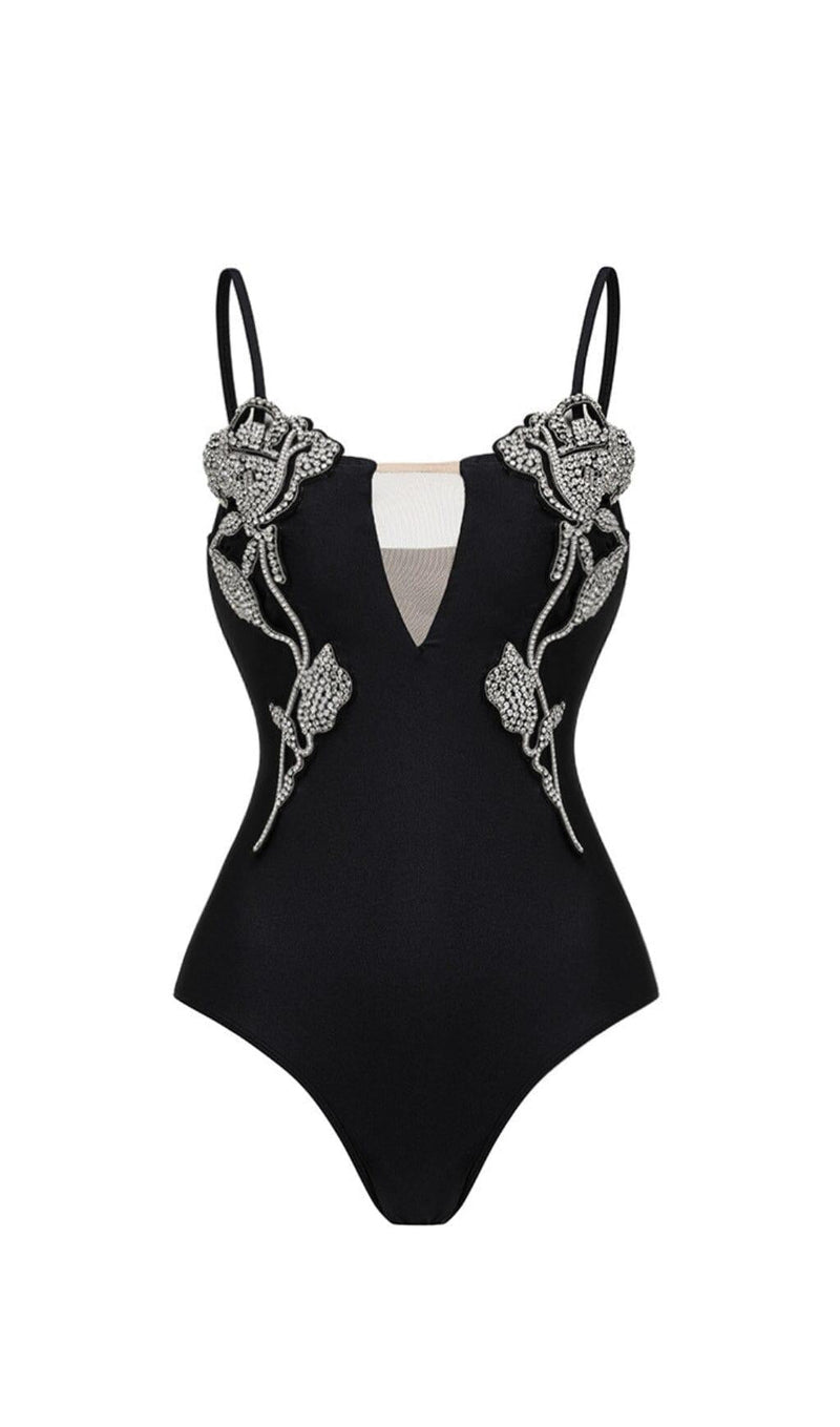 RHINESTONES FLOWER DECOR ONE PIECE SWIMSUIT