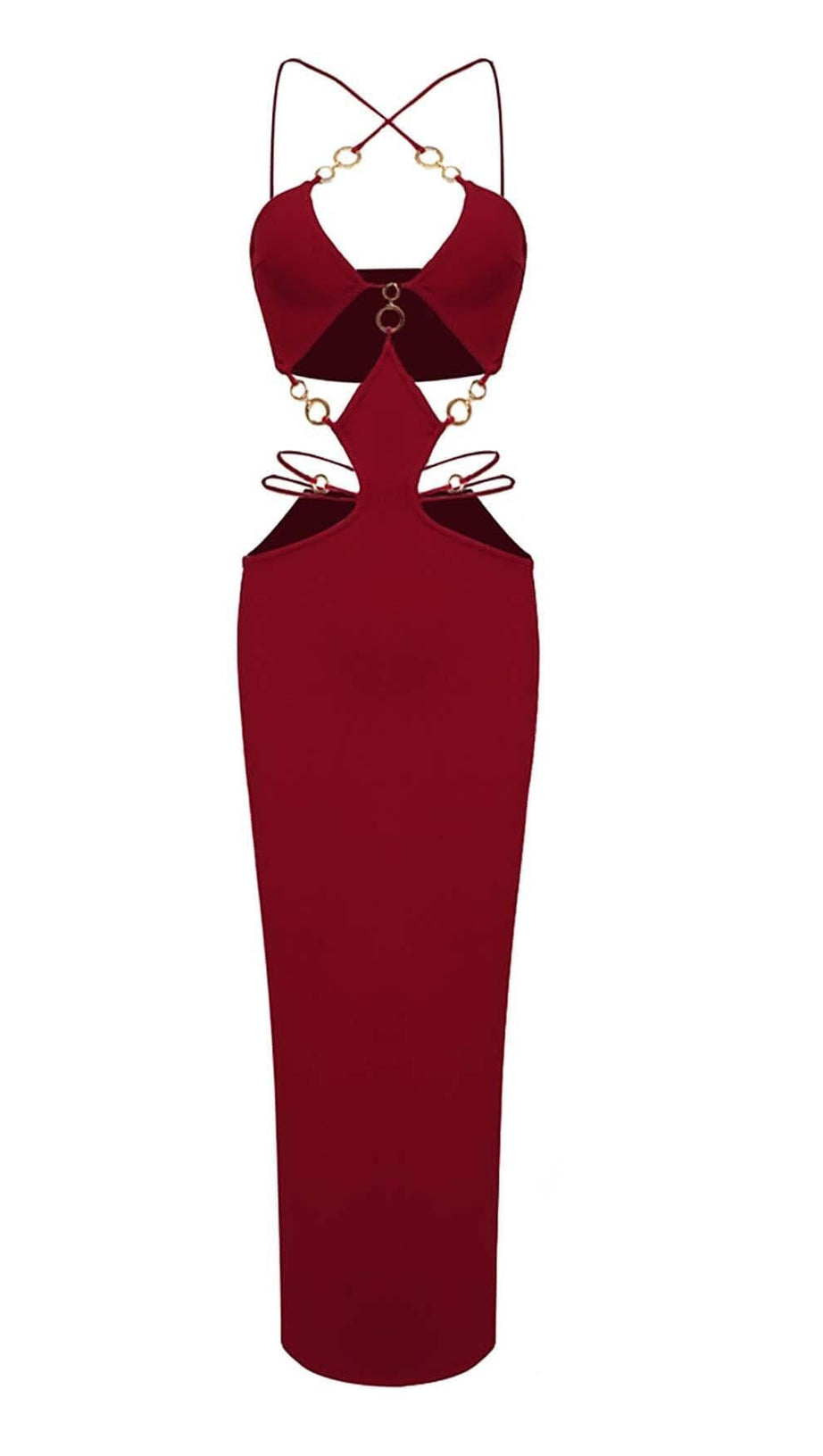 CUTOUT CHAIN MAXI DRESS IN RED