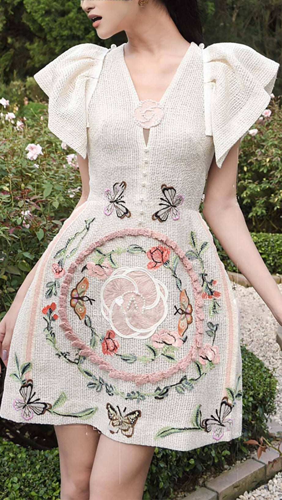 EMBROIDERY V-NECK MIDI DRESS IN WHITE