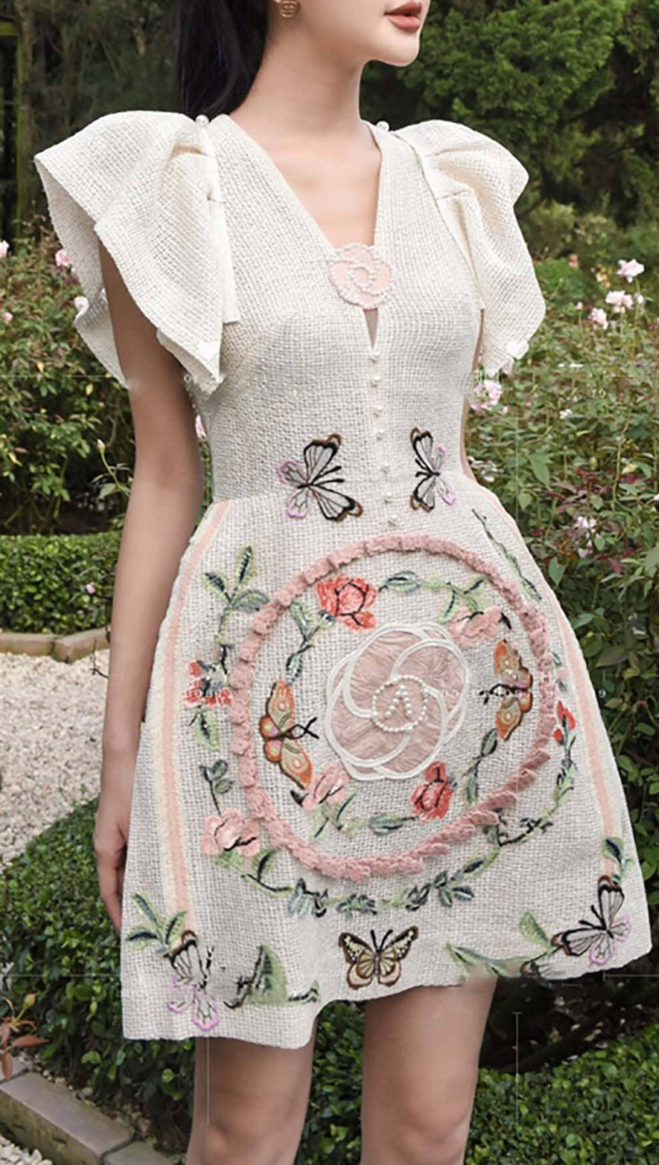 EMBROIDERY V-NECK MIDI DRESS IN WHITE