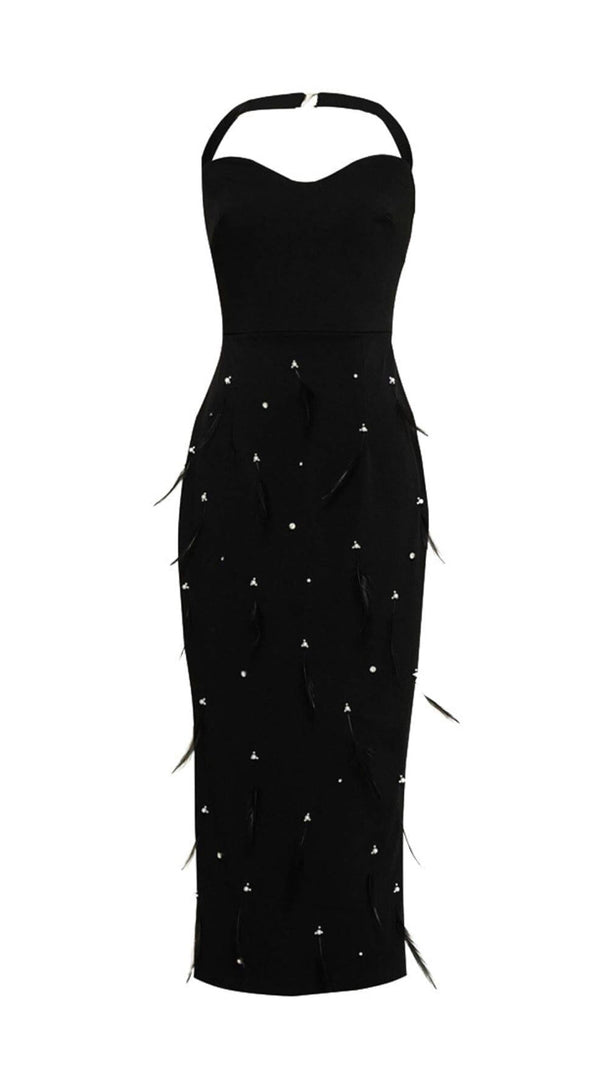 AIIZIE FEATHER RHINESTONES BODYCON MIDI DRESS IN BLACK - product image
