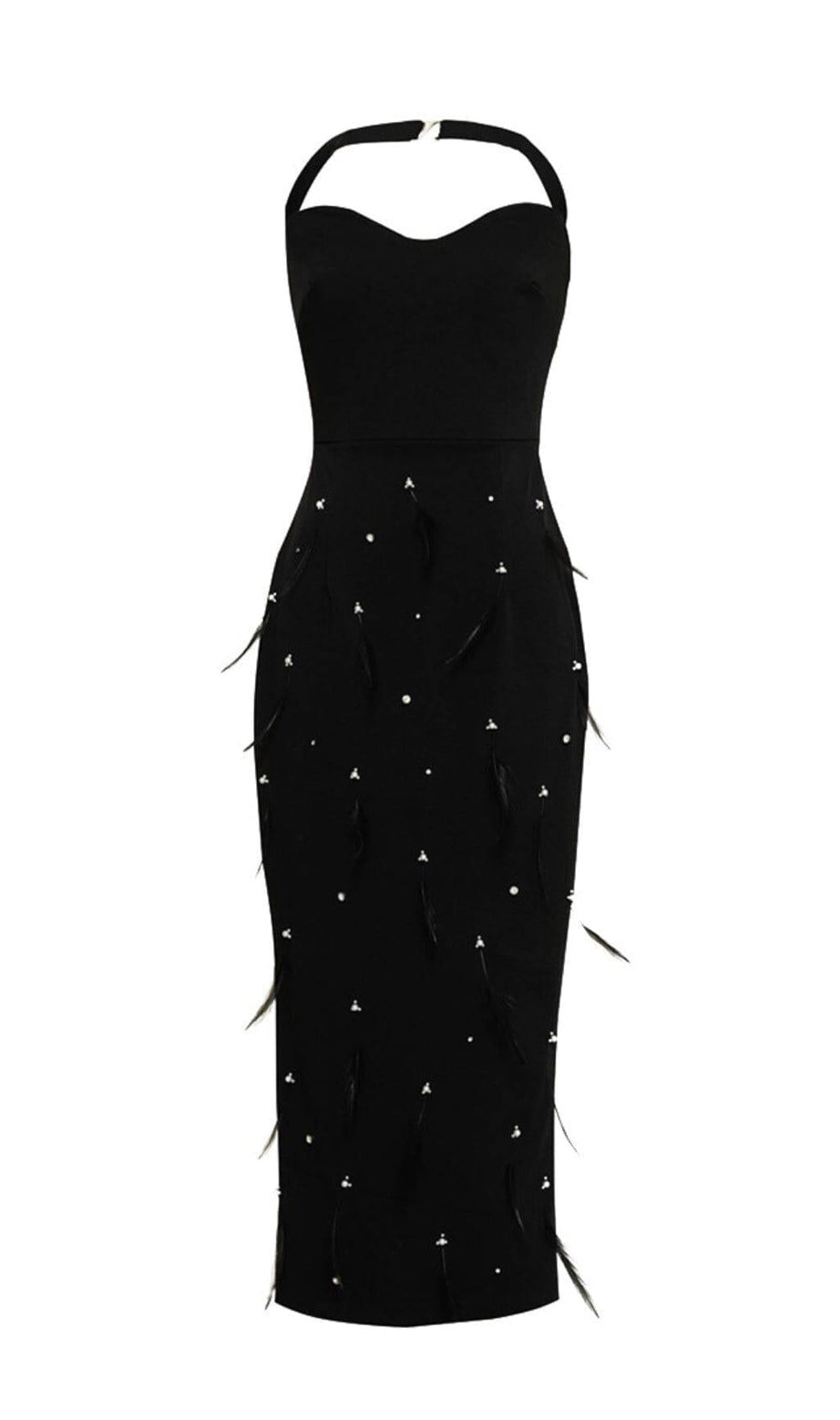 SCHWARZES, figurbetontes MIDIKLEID MIT FEDERN UND STRASS