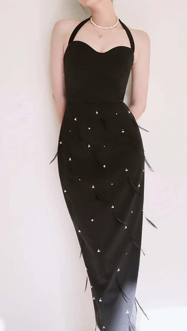 AIIZIE FEATHER RHINESTONES BODYCON MIDI DRESS IN BLACK - product image
