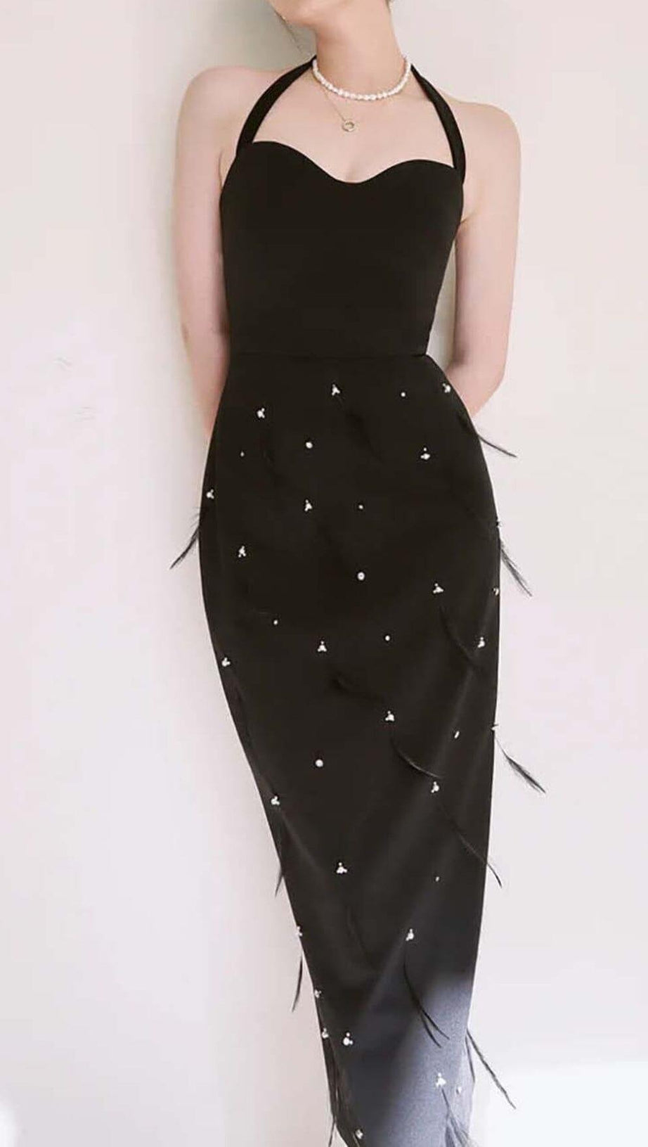 FEATHER RHINESTONES BODYCON MIDI DRESS IN BLACK