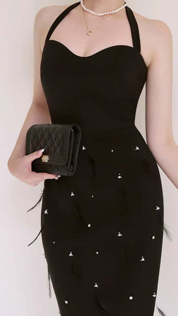 AIIZIE FEATHER RHINESTONES BODYCON MIDI DRESS IN BLACK - product image