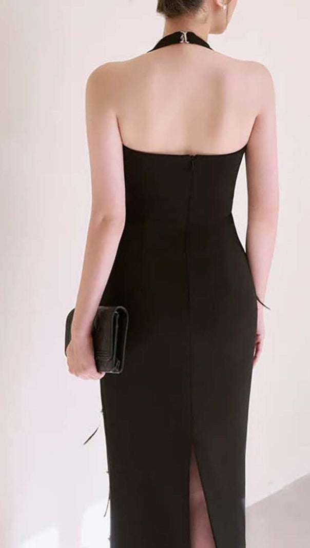 AIIZIE FEATHER RHINESTONES BODYCON MIDI DRESS IN BLACK - product image
