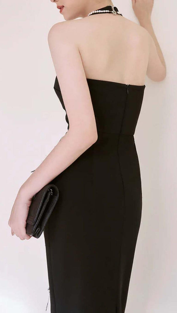 AIIZIE FEATHER RHINESTONES BODYCON MIDI DRESS IN BLACK - product image