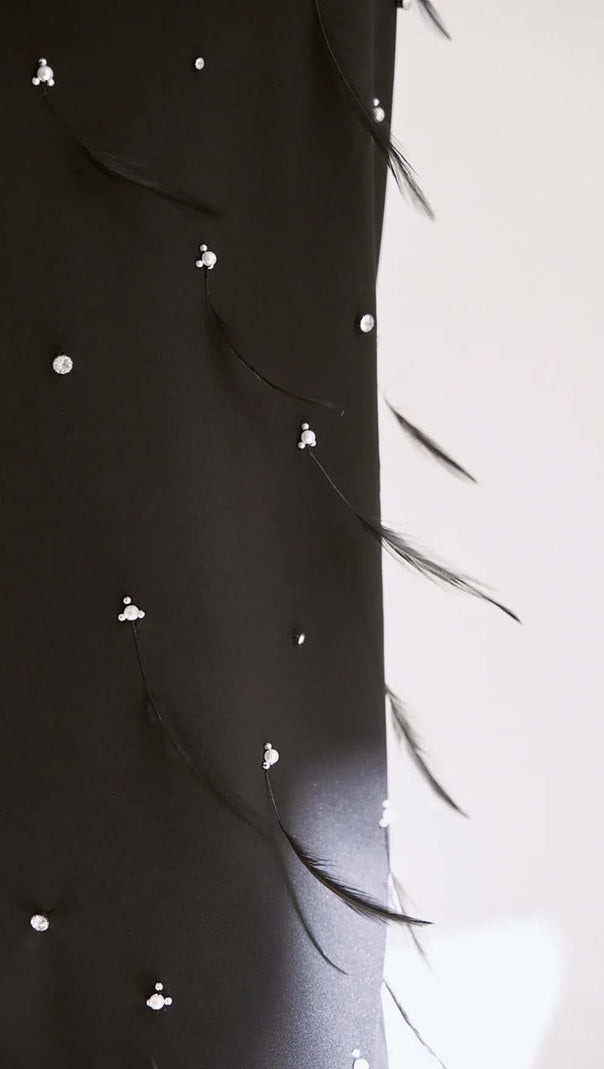 AIIZIE FEATHER RHINESTONES BODYCON MIDI DRESS IN BLACK - product image