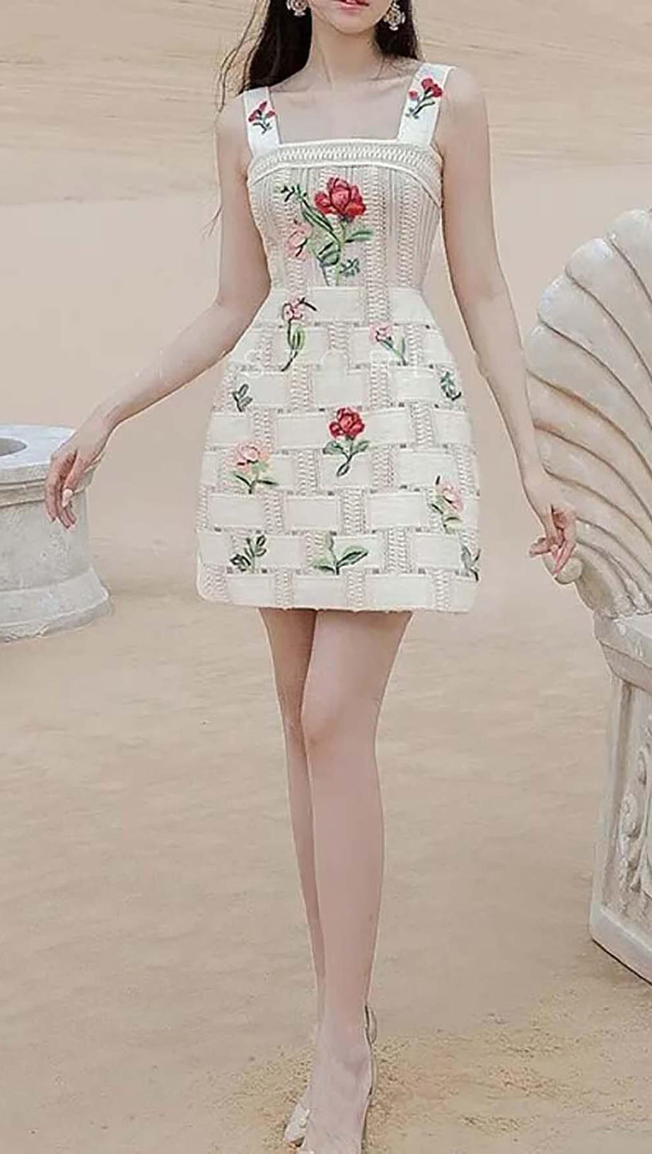 FLORAL PRINT STRAP MINI DRESS IN WHITE