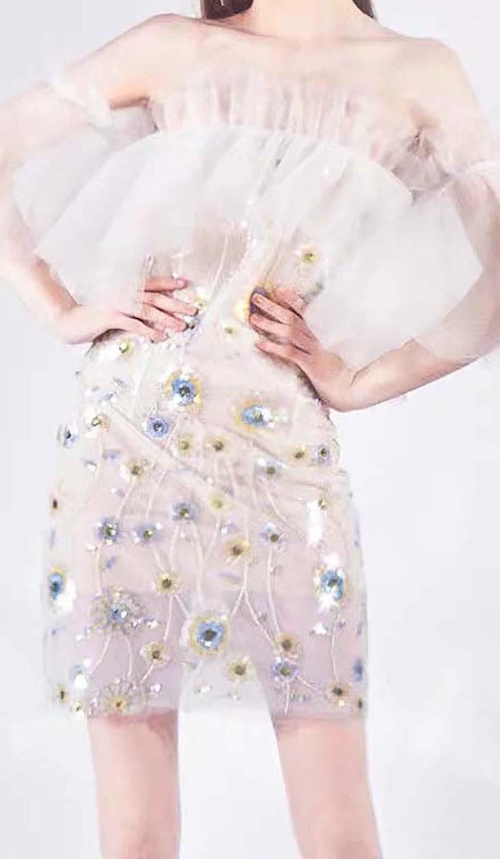 MINI ABITO FLOREALE CON PAILLETTES BIANCO