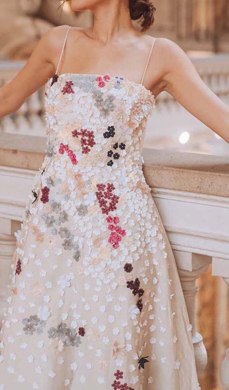 FLOWER RHINESTONE SUSPENDER DRESS IN WHITE