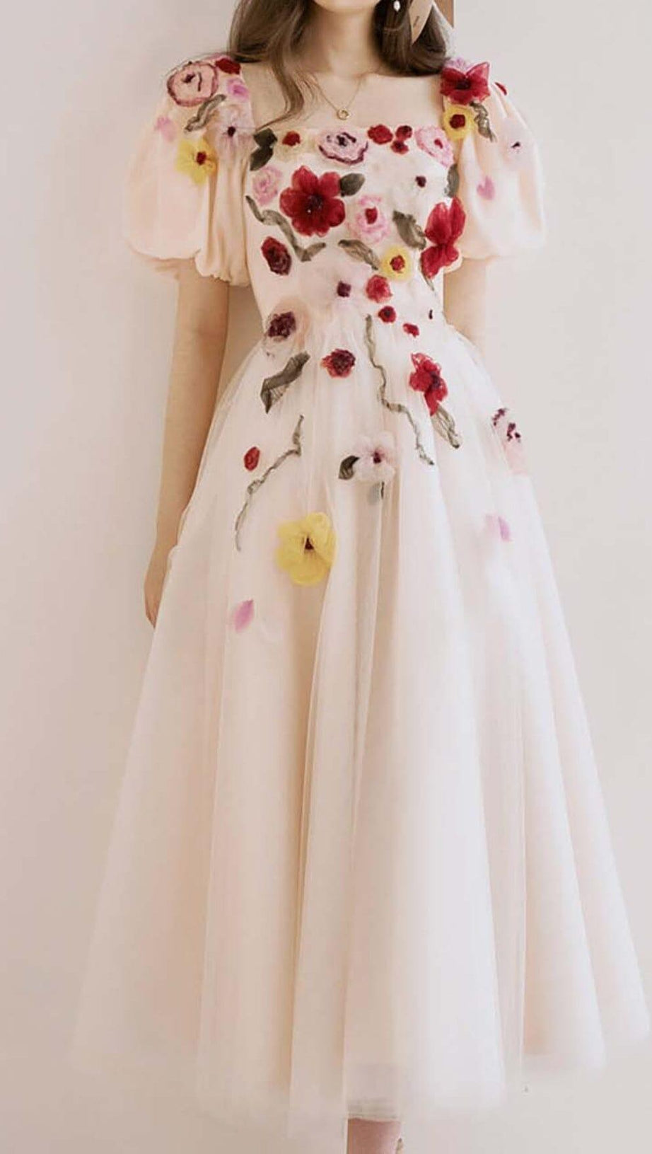 FLOWERS PRINT PUFF SLEEVE MIDI DRESS IN PINK