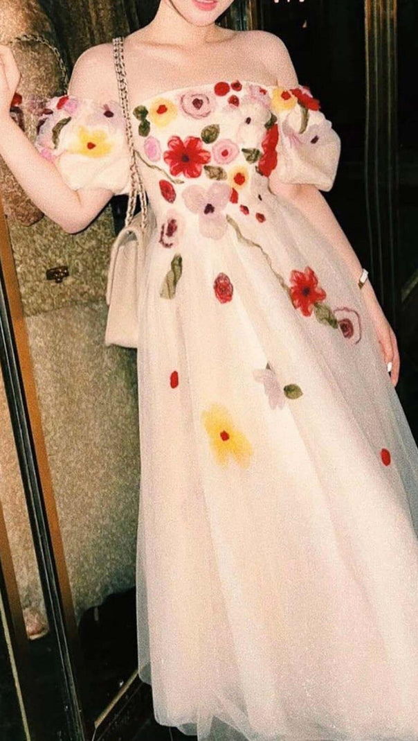 ABITO MIDI CON MANICHE A SBUFFO E STAMPA A FIORI ROSA