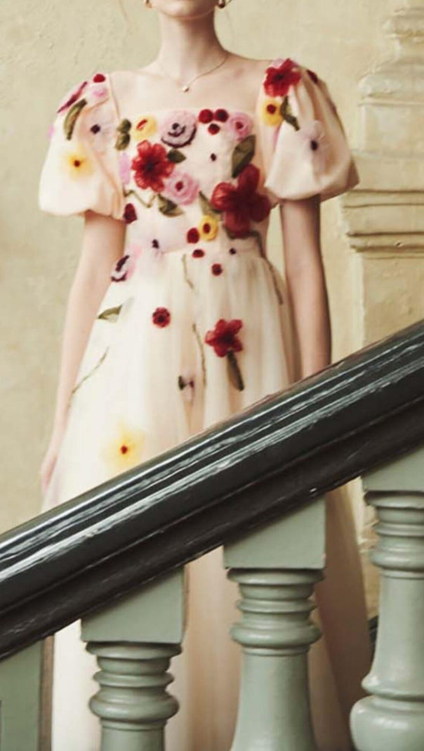 ABITO MIDI CON MANICHE A SBUFFO E STAMPA A FIORI ROSA
