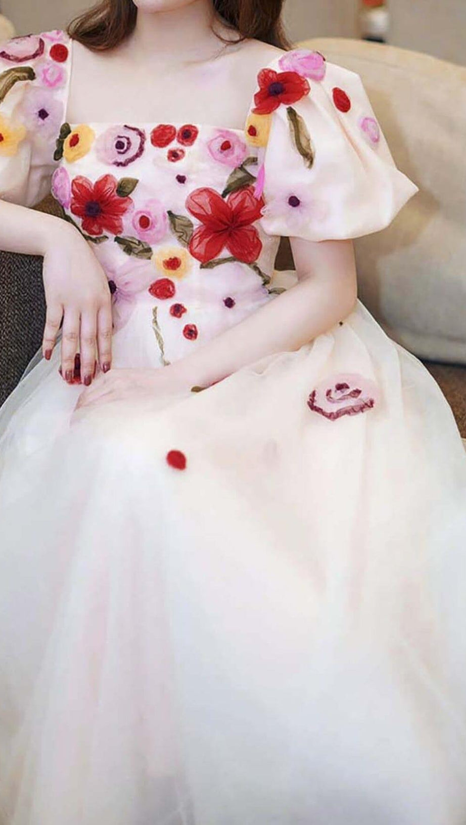 FLOWERS PRINT PUFF SLEEVE MIDI DRESS IN PINK