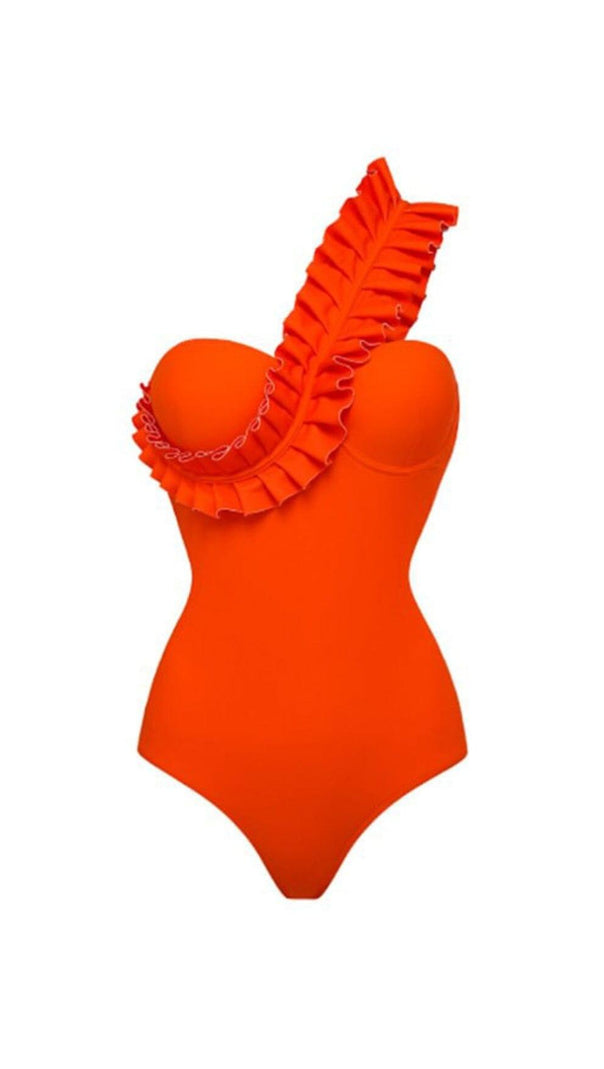 AIIZIE ONE SHOULDER RUFFLE ONE PIECE ORANGE SWIMSUIT - product image