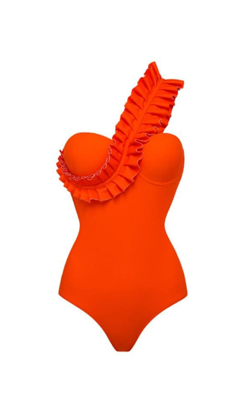 ONE SHOULDER RUFFLE ONE PIECE ORANGE SWIMSUIT