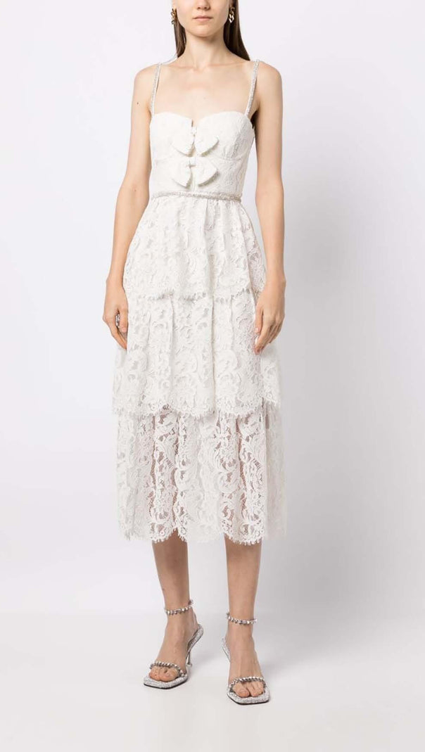 AIIZIE FRONT BOW TIERED MIDI DRESS IN WHITE - product image
