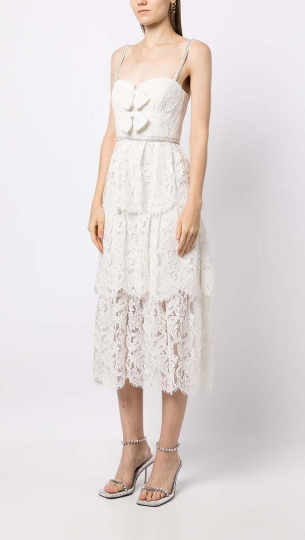 AIIZIE FRONT BOW TIERED MIDI DRESS IN WHITE - product image