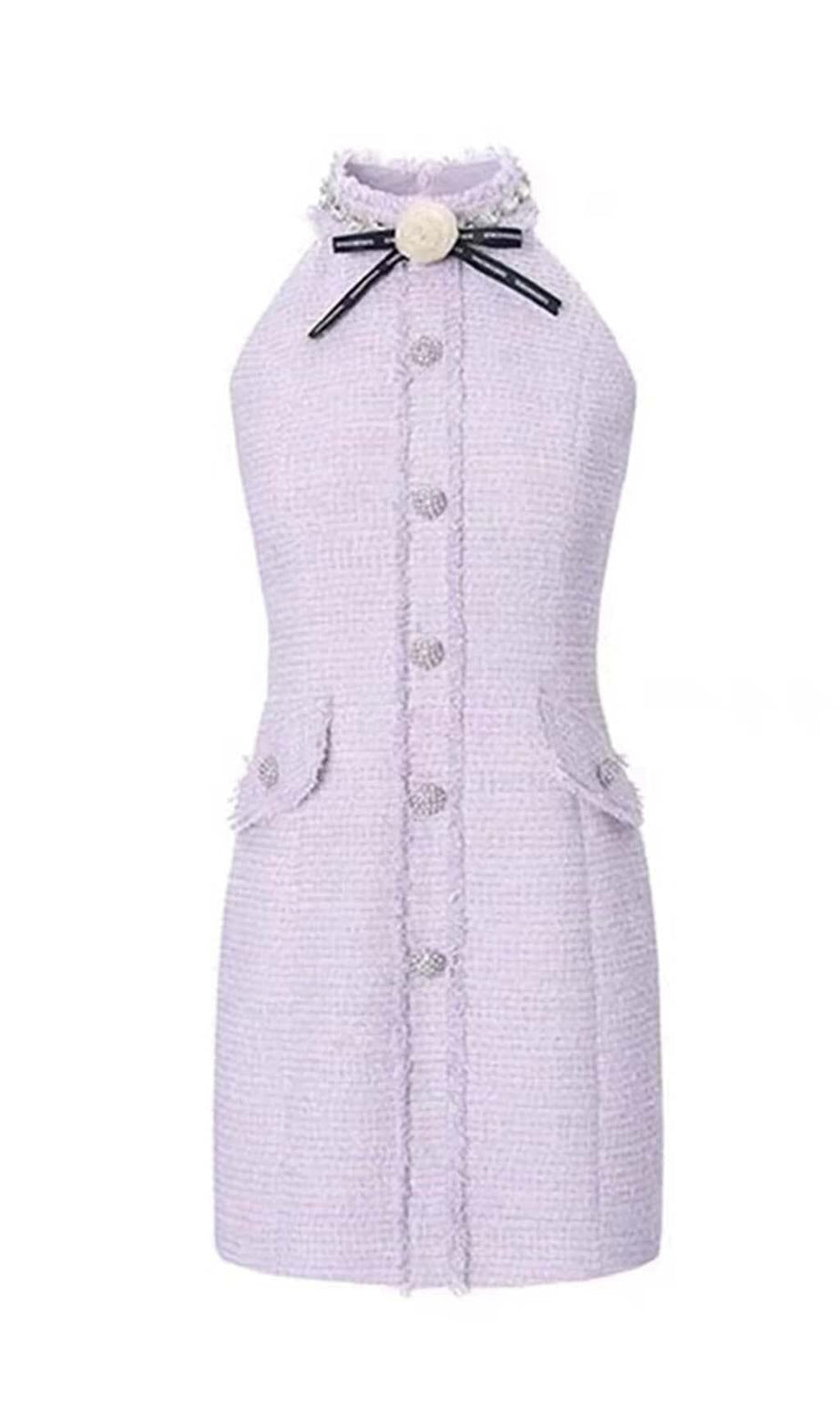 MINI ABITO IN TWEED CON FIOCCO AL COLLO ALL'APERTO LILLA