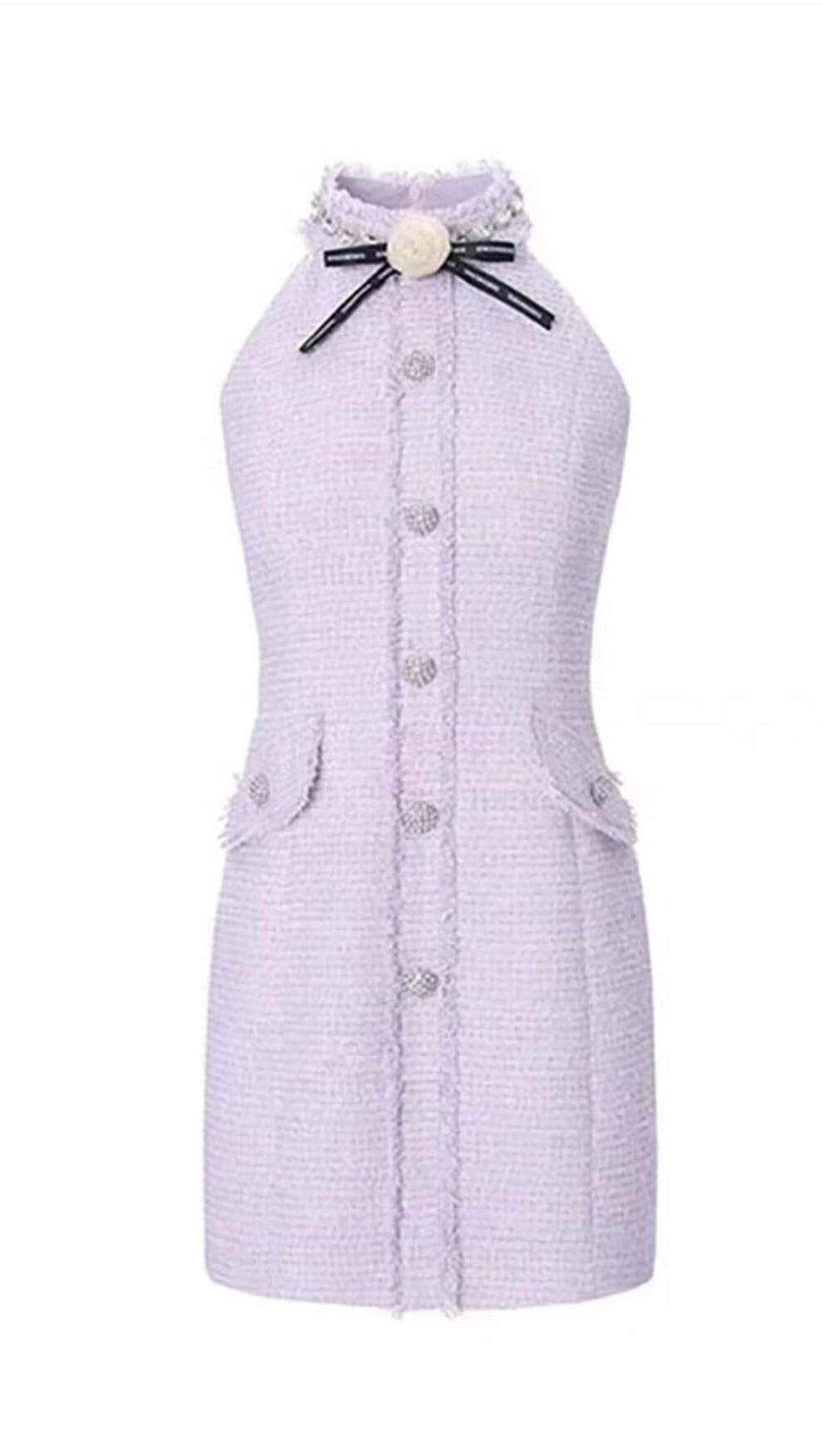 HALTER BOW NECK TWEED MINI DRESS IN LILAC