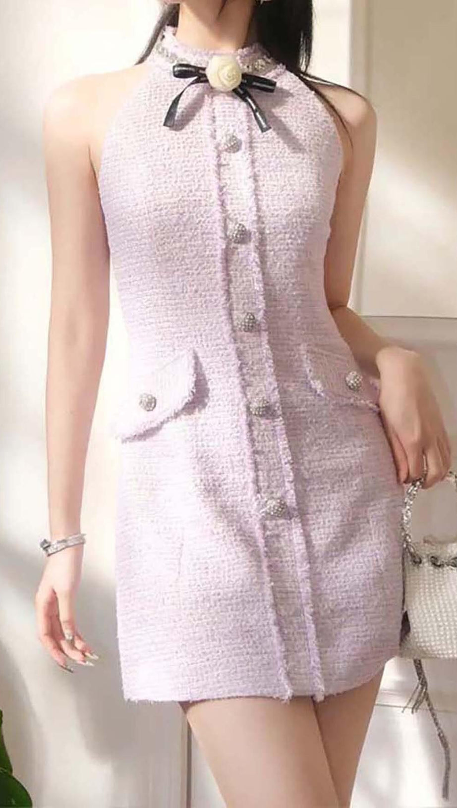 HALTER BOW NECK TWEED MINI DRESS IN LILAC