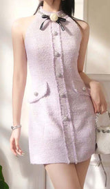 HALTER BOW NECK TWEED MINI DRESS IN LILAC