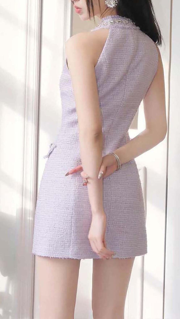 AIIZIE HALTER BOW NECK TWEED MINI DRESS IN LILAC - product image