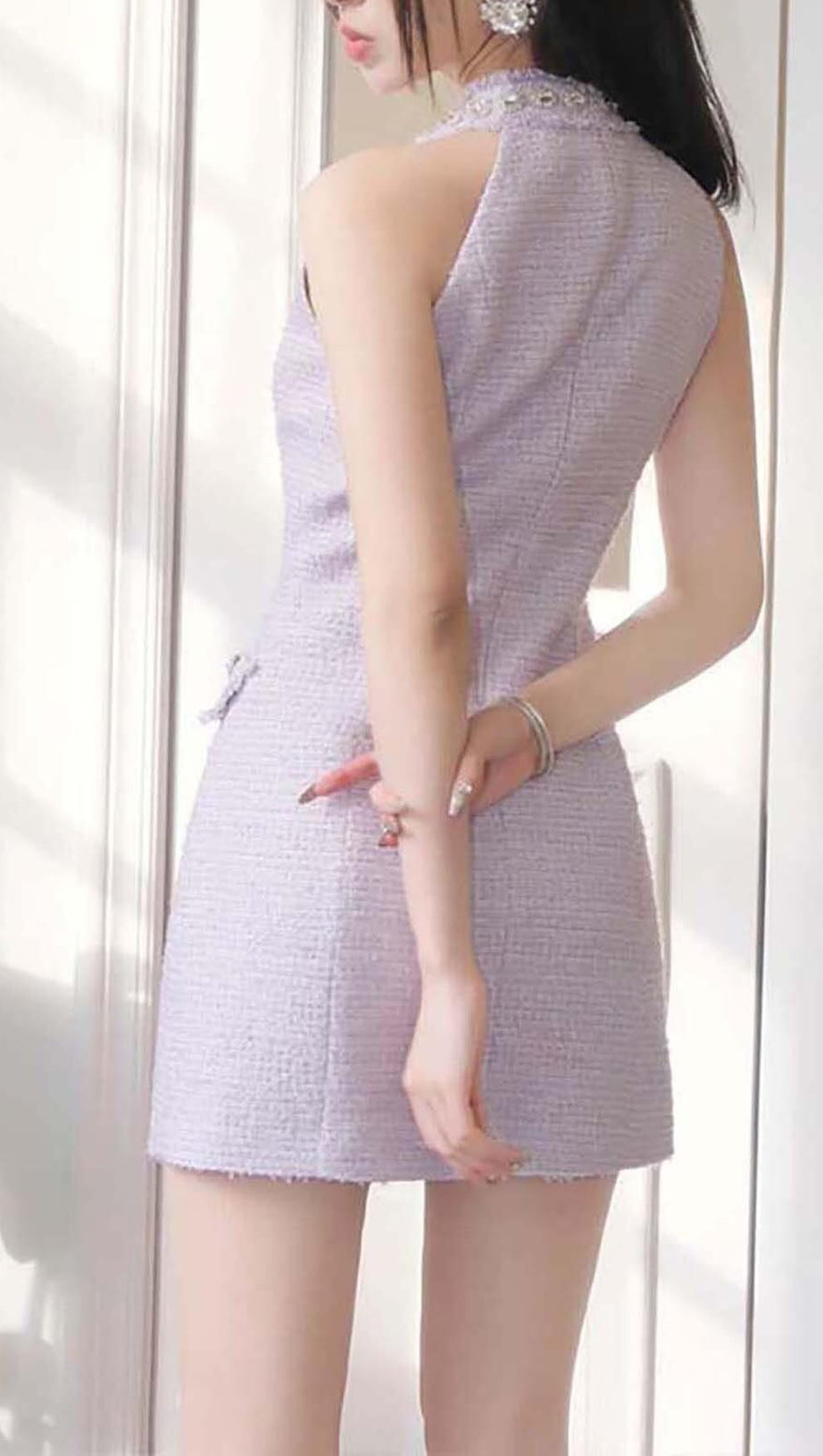 HALTER BOW NECK TWEED MINI DRESS IN LILAC
