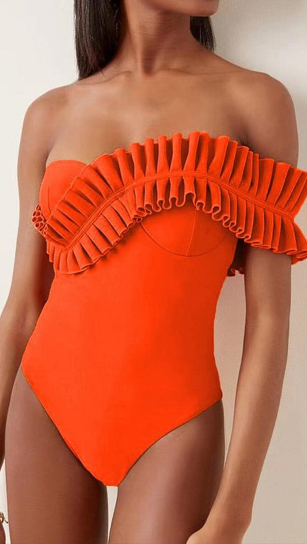 AIIZIE ONE SHOULDER RUFFLE ONE PIECE ORANGE SWIMSUIT - product image