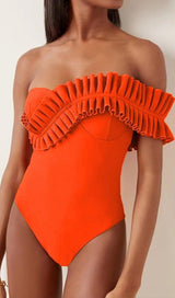 ONE SHOULDER RUFFLE ONE PIECE ORANGE SWIMSUIT