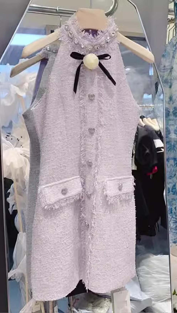 AIIZIE HALTER BOW NECK TWEED MINI DRESS IN LILAC - product image