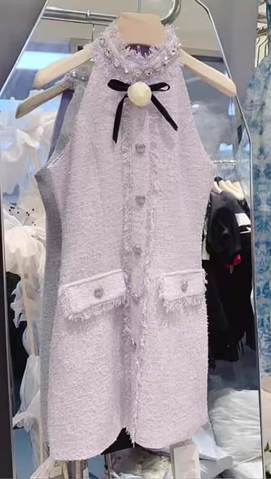 HALTER BOW NECK TWEED MINI DRESS IN LILAC