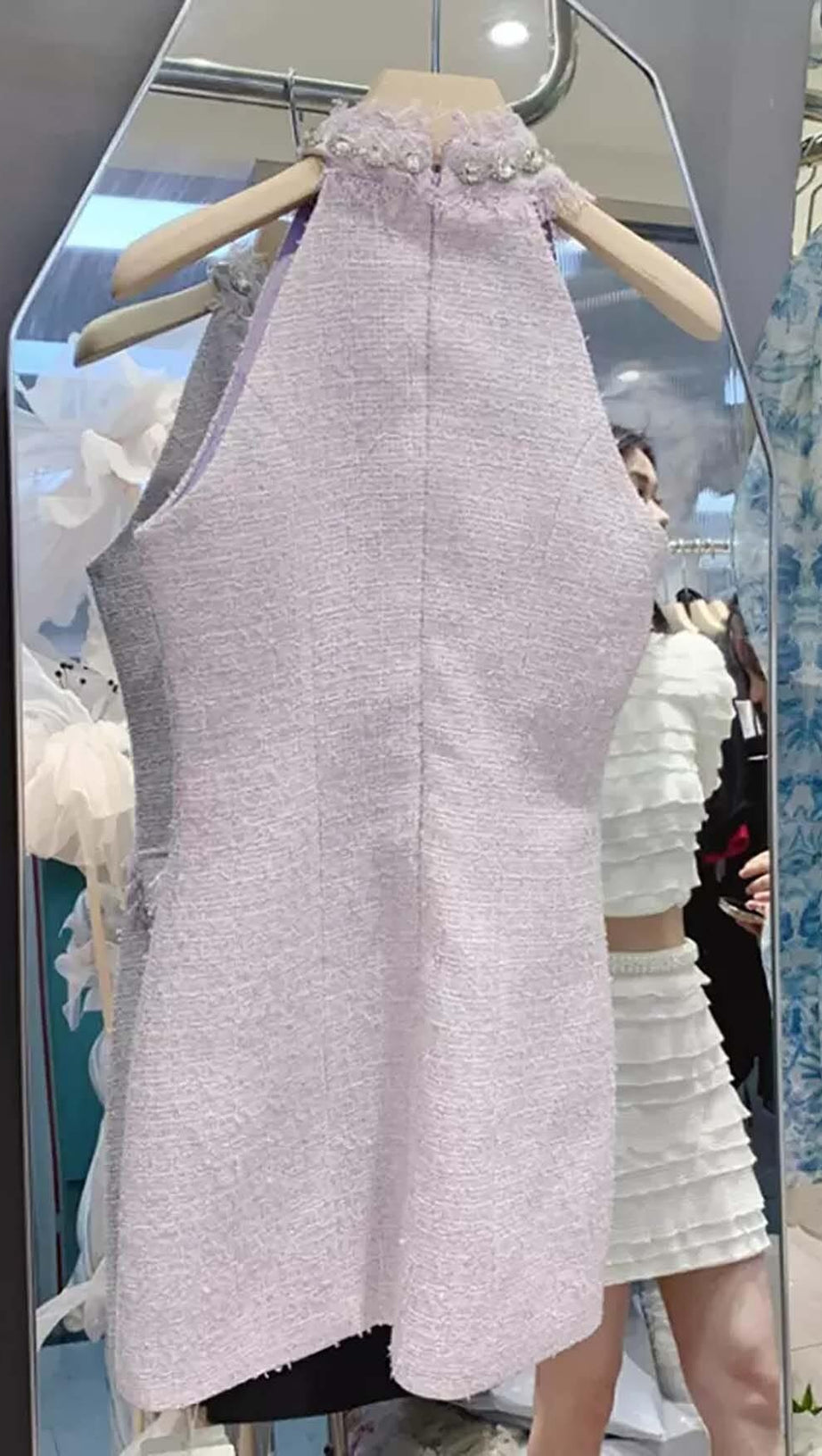 HALTER BOW NECK TWEED MINI DRESS IN LILAC