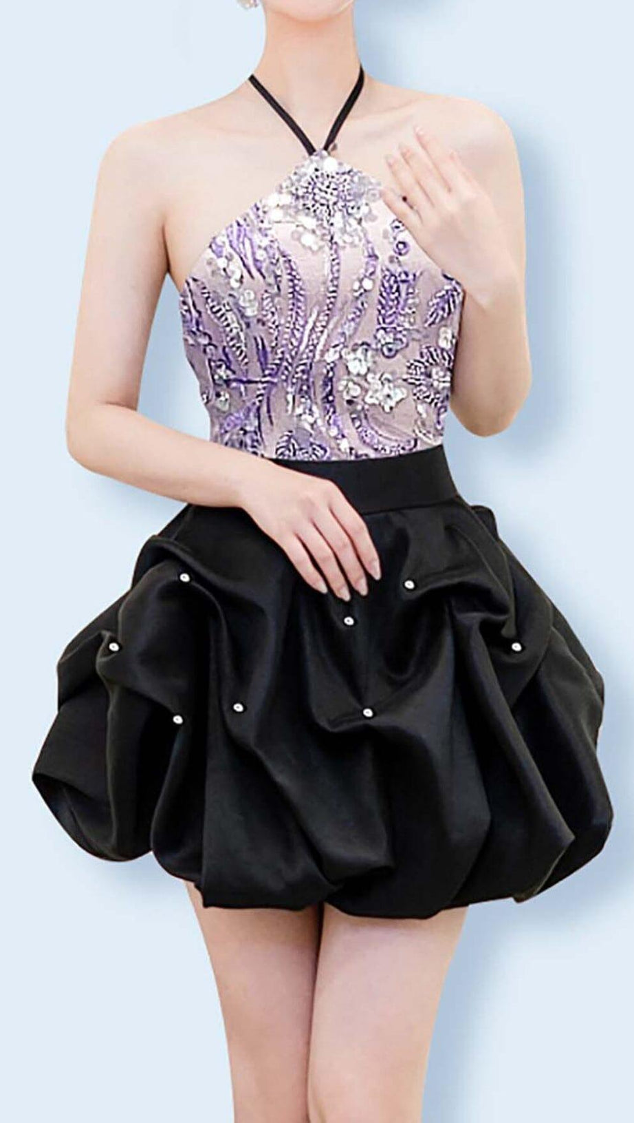 HANGING NECK BUD MINI DRESS IN OMBRE PURPLE