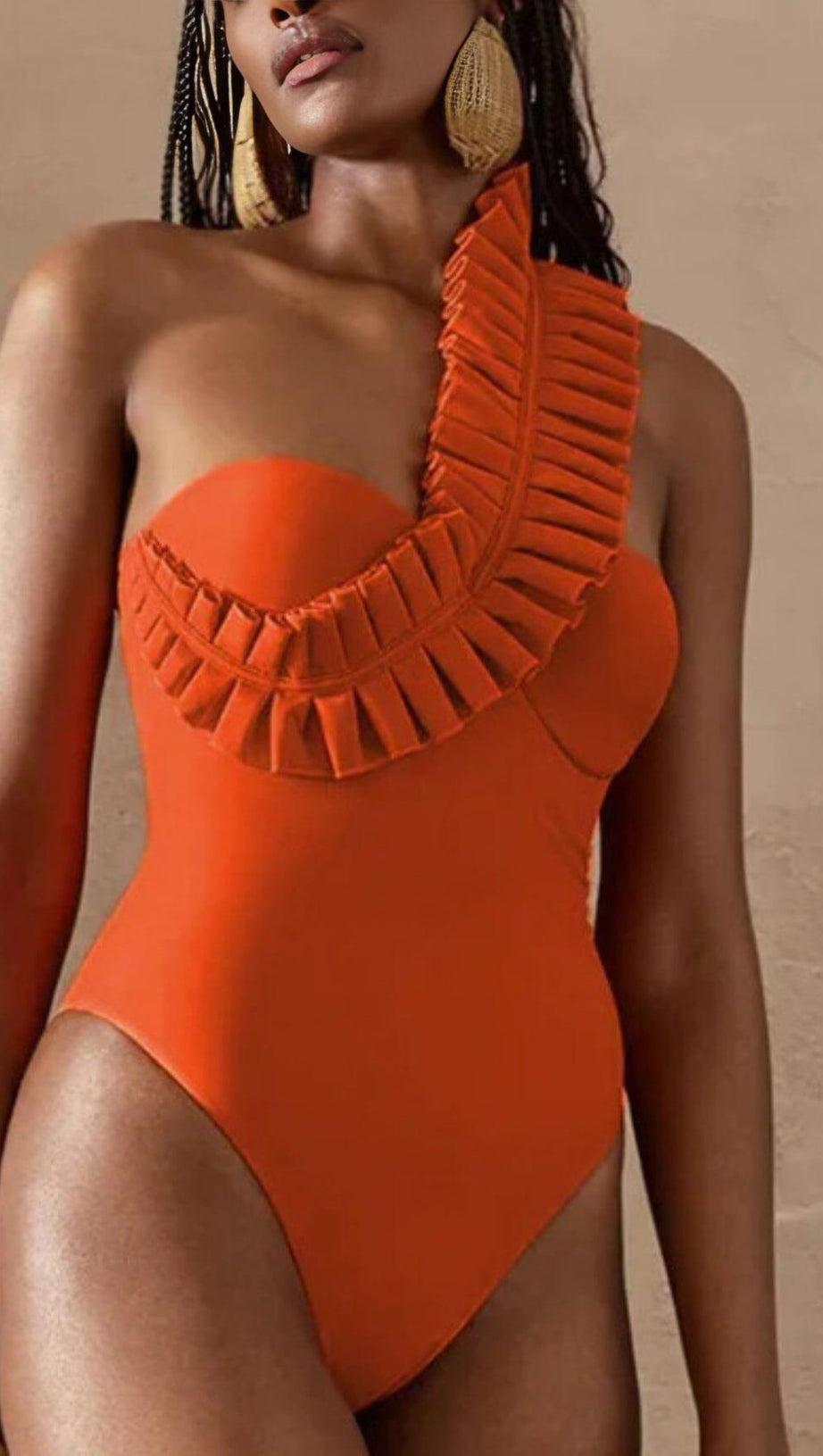ONE SHOULDER RUFFLE ONE PIECE ORANGE SWIMSUIT