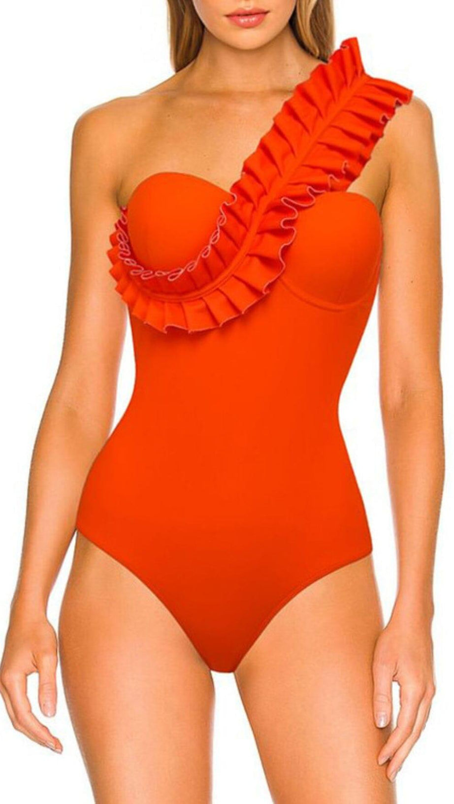 ONE SHOULDER RUFFLE ONE PIECE ORANGE SWIMSUIT