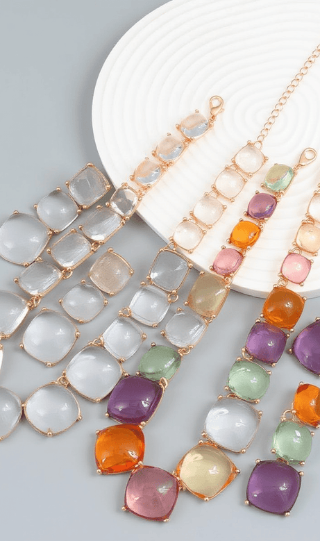 Artsy Square Rhinestone Long Drop Necklace Set