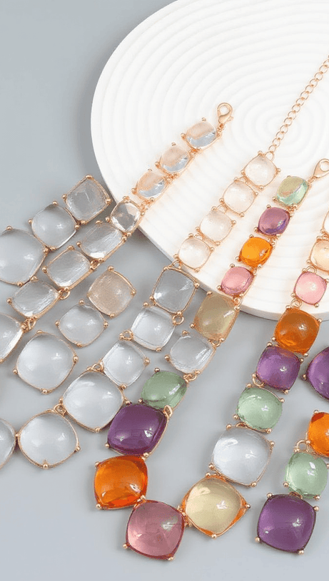 ARTSY SQUARE RHINESTONE LONG DROP NECKLACE SET
