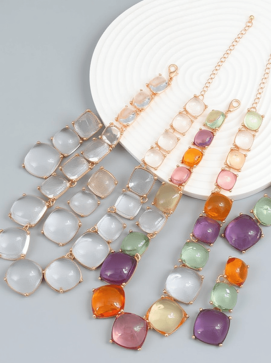 ARTSY SQUARE RHINESTONE LONG DROP NECKLACE SET